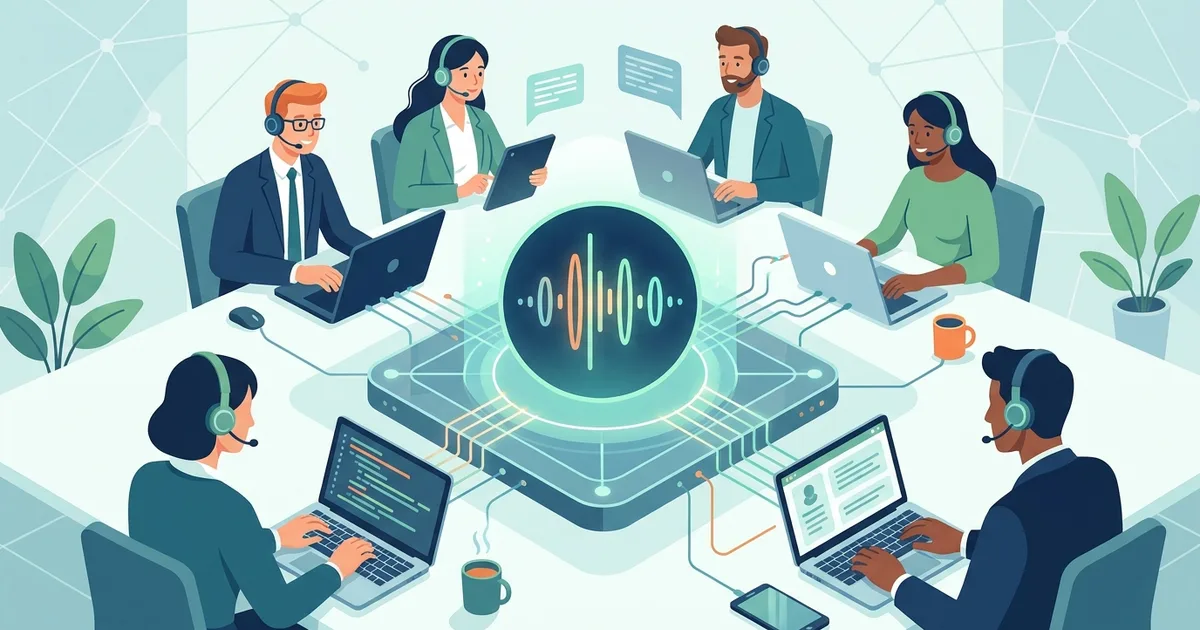 Illustration of an enterprise AI call center handling inbound and outbound voice agent calls