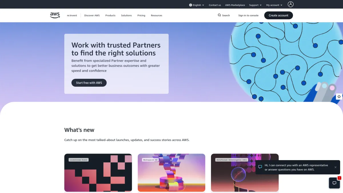 The Amazon Web Services homepage featuring a banner about partner solutions and recent product updates.