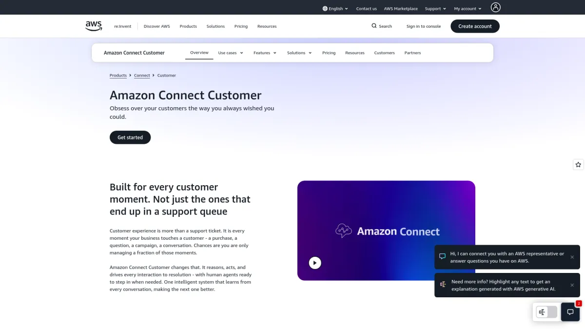 Amazon Connect Customer web page featuring marketing information and a video placeholder.