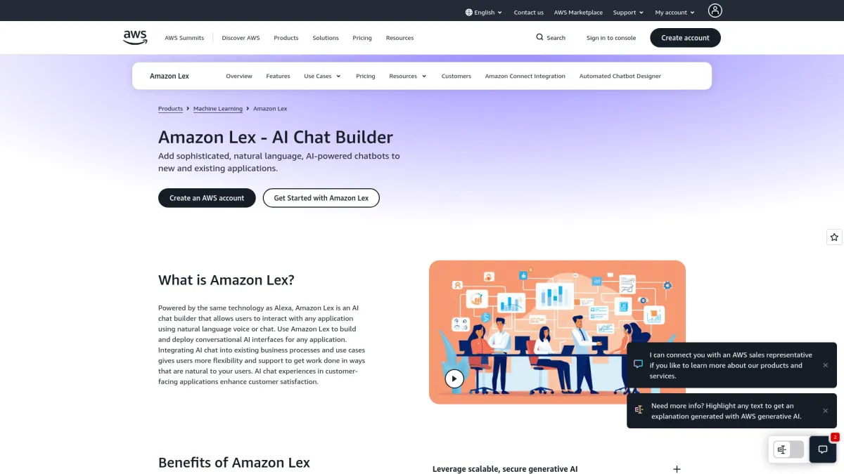 Amazon Lex product page showcasing AI chatbot building capabilities with descriptive text and buttons.