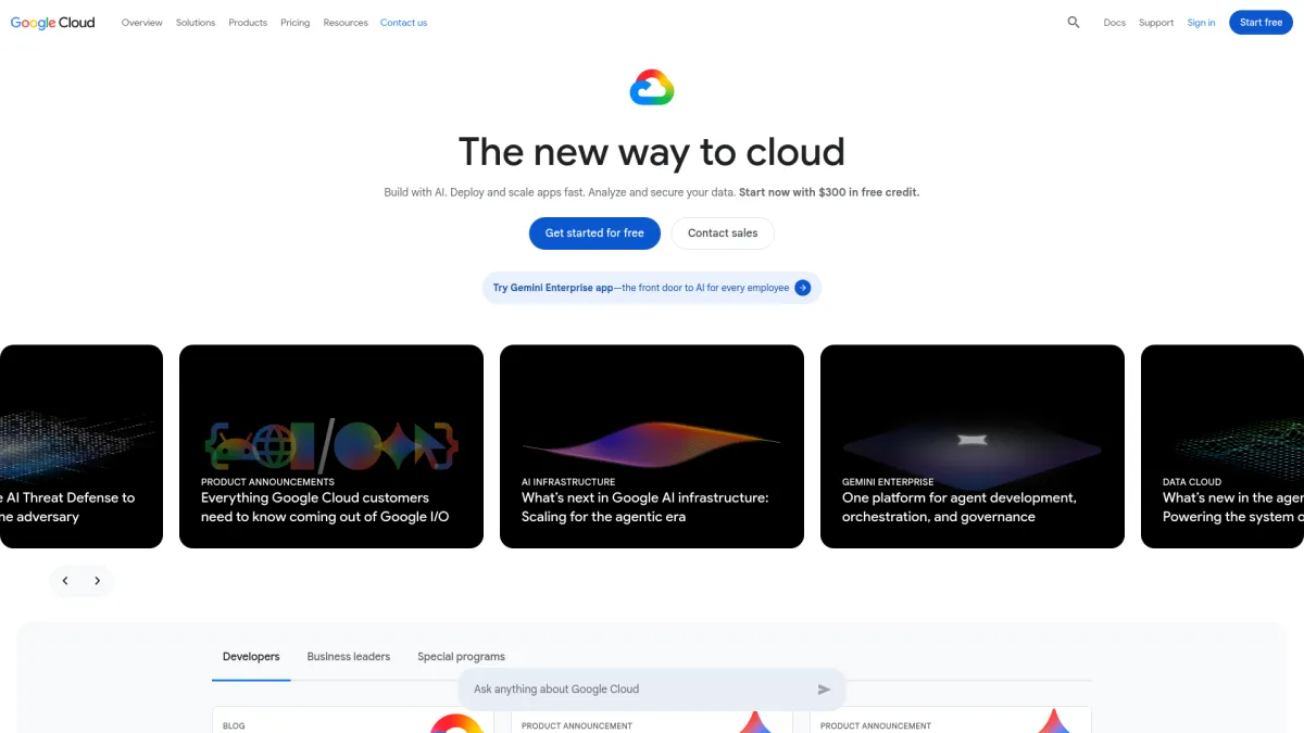 The Google Cloud homepage showing a headline, call to action buttons, and promotional content cards.