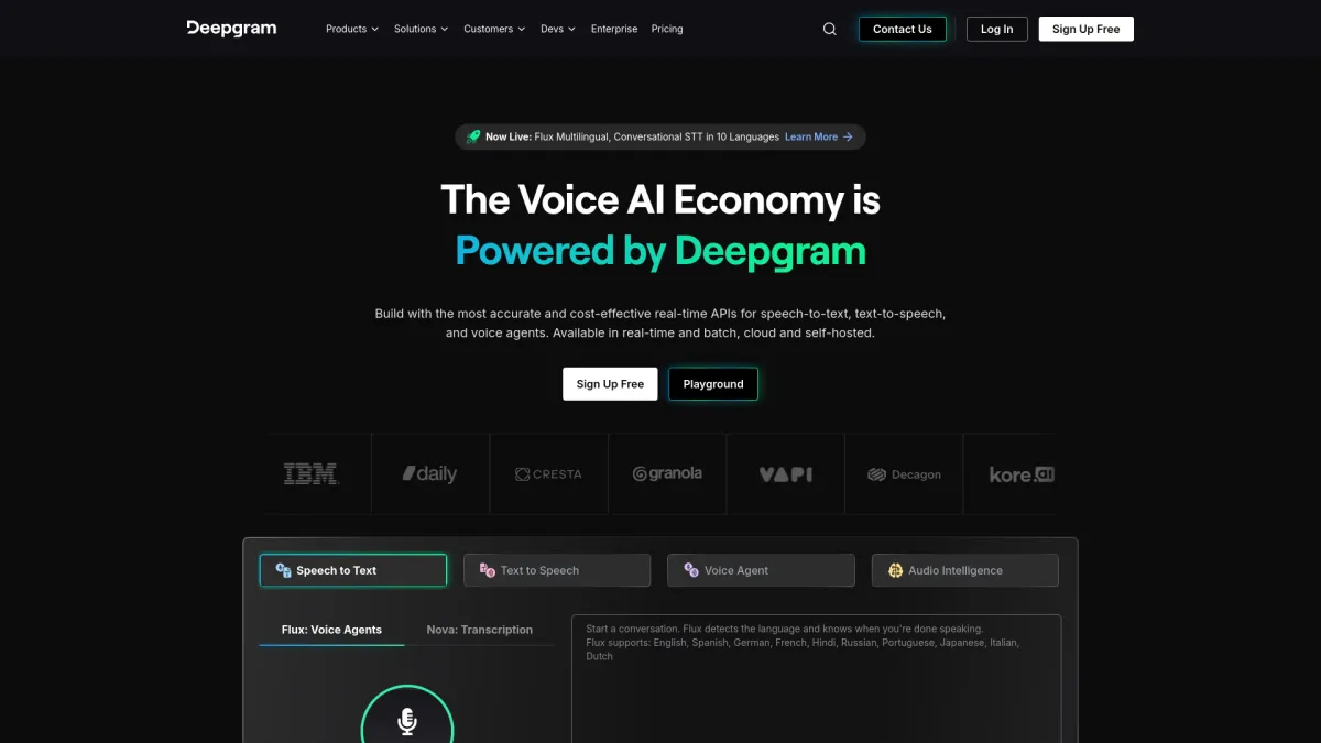 Deepgram landing page promoting voice AI APIs with a dark UI, logos, and feature selection.