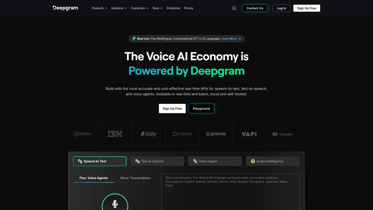 Deepgram landing page homepage featuring headline The Voice AI Economy is Powered by Deepgram.