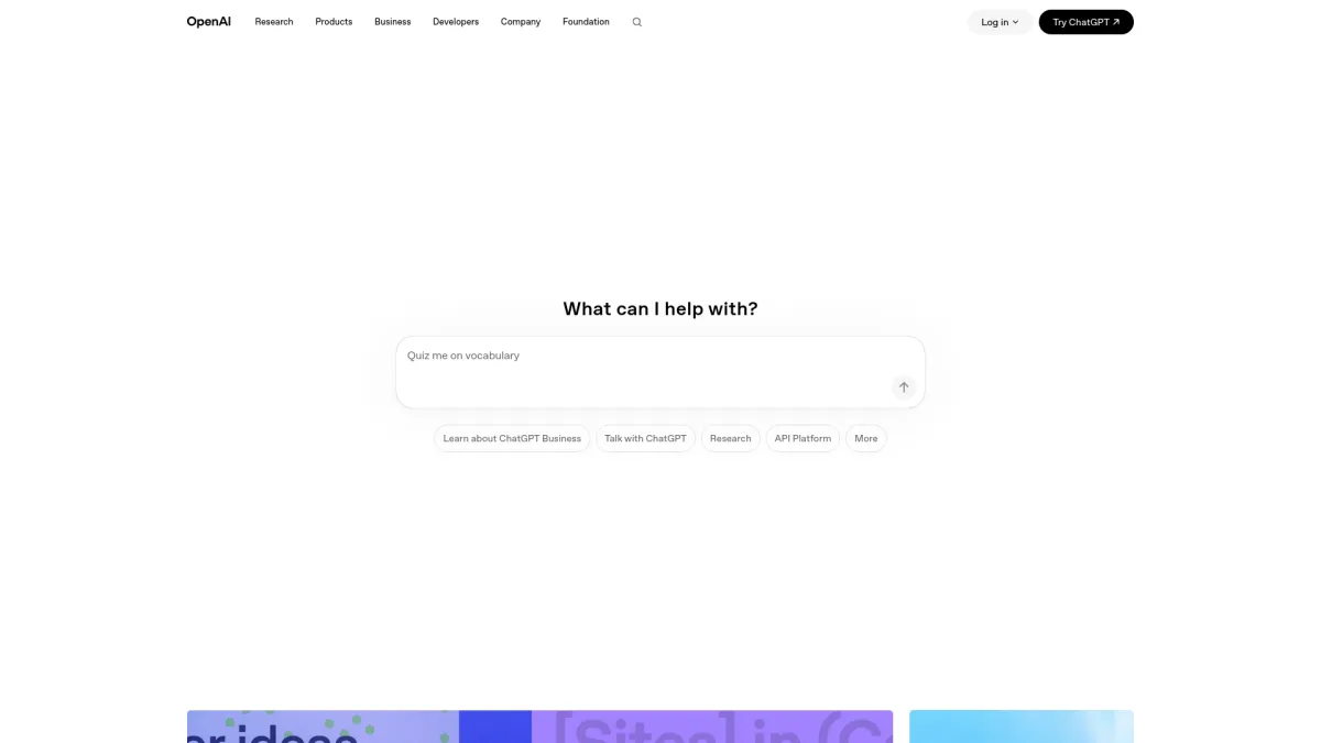 The OpenAI homepage featuring a search query input field and navigation links.