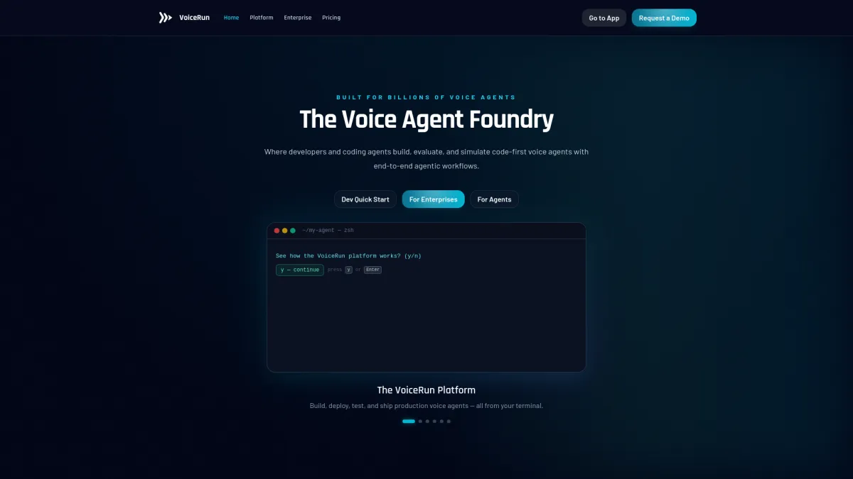 VoiceRun landing page featuring terminal interface for building and testing voice agents.