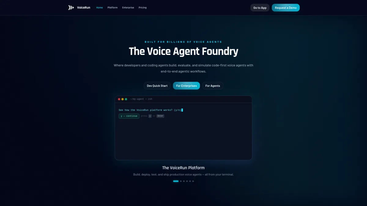 VoiceRun landing page featuring the Voice Agent Foundry with a terminal window interface.