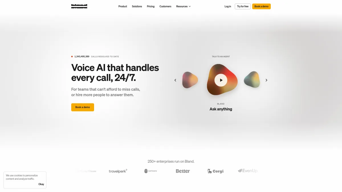 Bland AI landing page featuring a voice AI call interface and company testimonials.