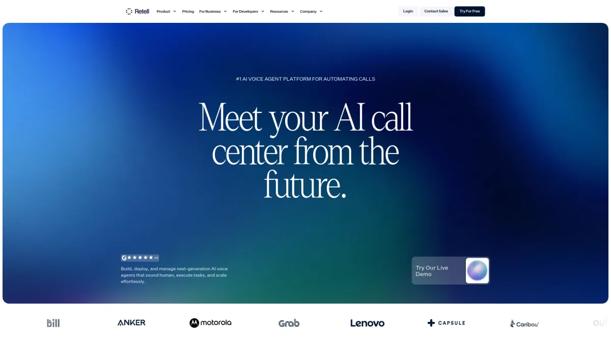 Retell AI landing page homepage with a hero section promoting an AI voice agent platform.